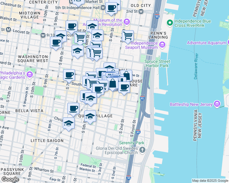 map of restaurants, bars, coffee shops, grocery stores, and more near 252 South Street in Philadelphia