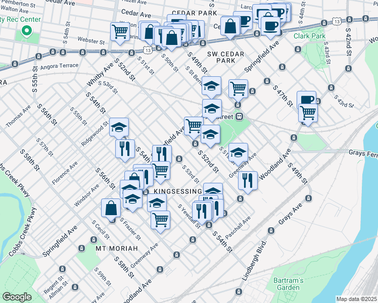 map of restaurants, bars, coffee shops, grocery stores, and more near Chester Avenue in Philadelphia