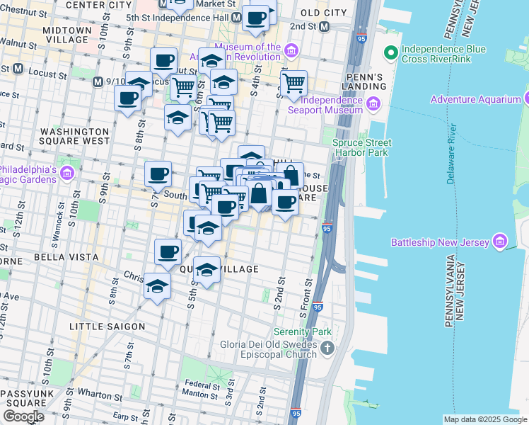 map of restaurants, bars, coffee shops, grocery stores, and more near 250 South Street in Philadelphia