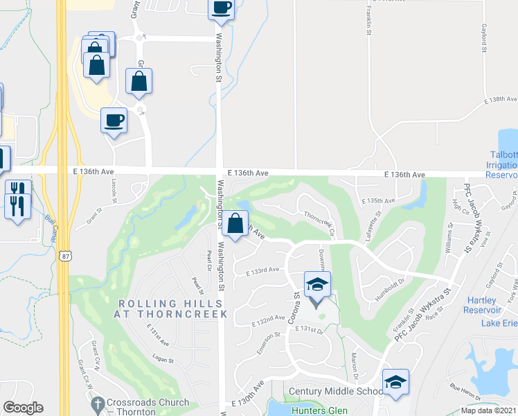 map of restaurants, bars, coffee shops, grocery stores, and more near 924 Thorncreek Court in Thornton