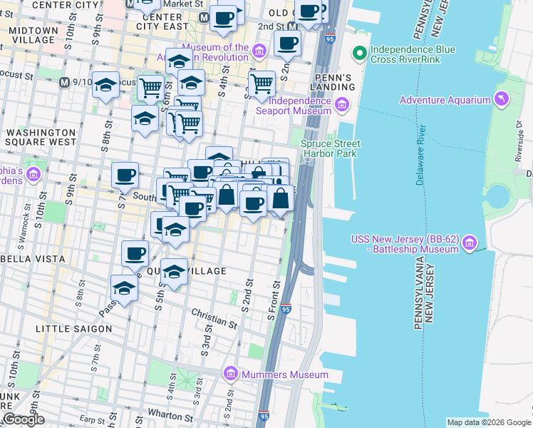 map of restaurants, bars, coffee shops, grocery stores, and more near 135 South Street in Philadelphia