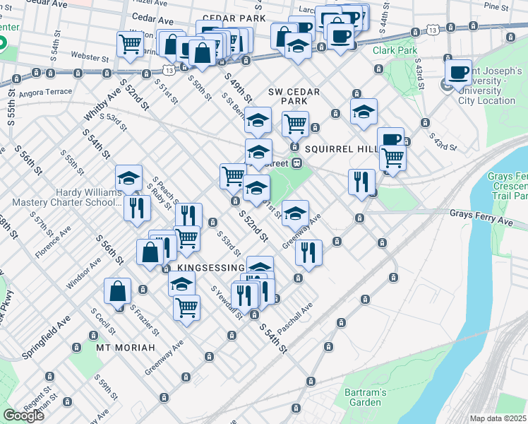 map of restaurants, bars, coffee shops, grocery stores, and more near 5109 Kingsessing Avenue in Philadelphia