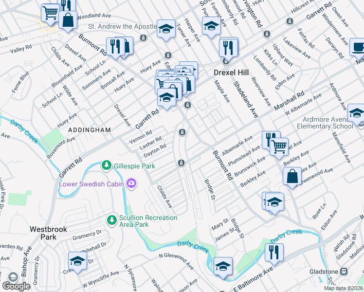 map of restaurants, bars, coffee shops, grocery stores, and more near in Drexel Hill