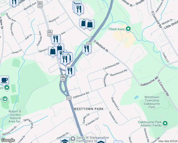 map of restaurants, bars, coffee shops, grocery stores, and more near 200 Willowbrook Lane in West Chester