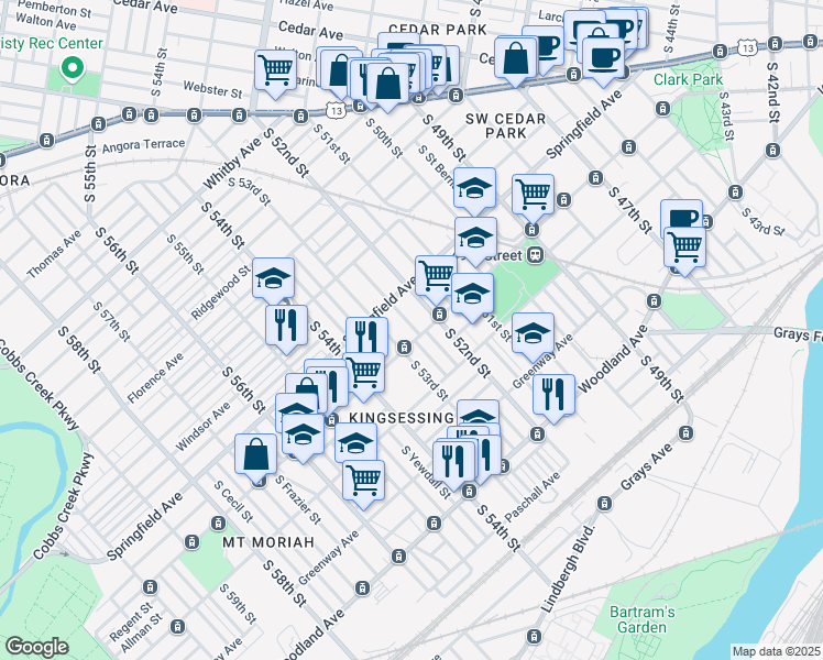 map of restaurants, bars, coffee shops, grocery stores, and more near 5225 Chester Avenue in Philadelphia