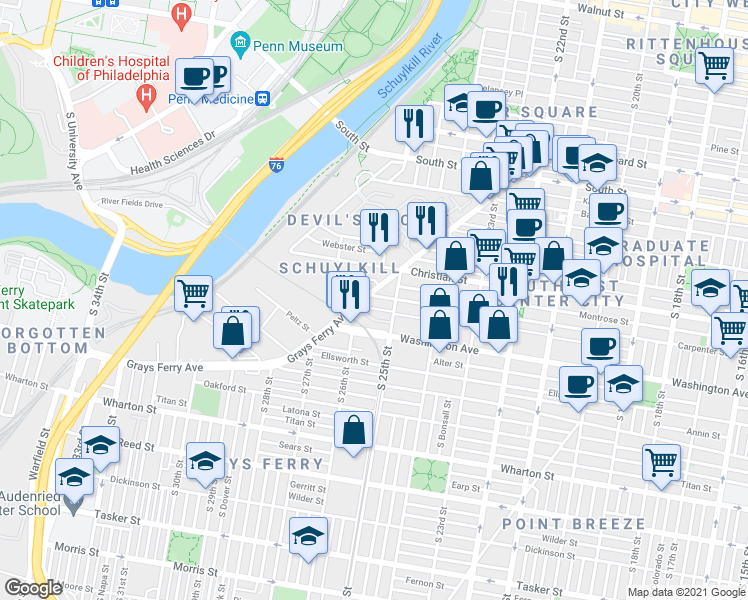 map of restaurants, bars, coffee shops, grocery stores, and more near 2528 Carpenter Street in Philadelphia