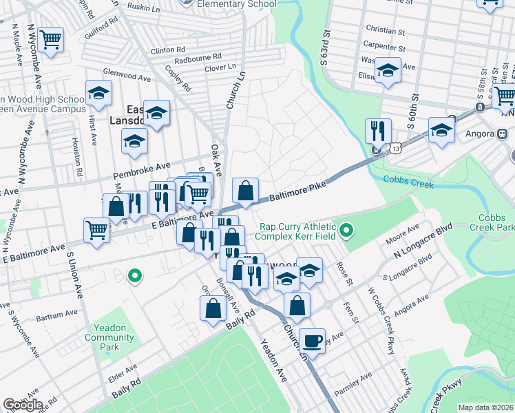 map of restaurants, bars, coffee shops, grocery stores, and more near 6501 East Baltimore Avenue in Lansdowne