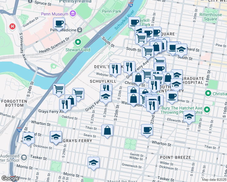 map of restaurants, bars, coffee shops, grocery stores, and more near 2528 Carpenter Street in Philadelphia