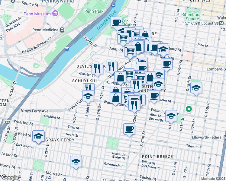 map of restaurants, bars, coffee shops, grocery stores, and more near 2409 Carpenter Street in Philadelphia
