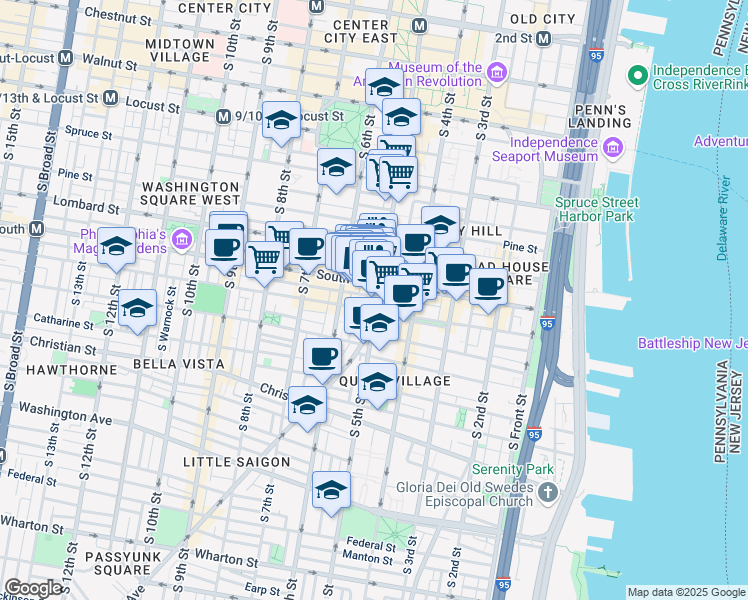 map of restaurants, bars, coffee shops, grocery stores, and more near 618 South 5th Street in Philadelphia