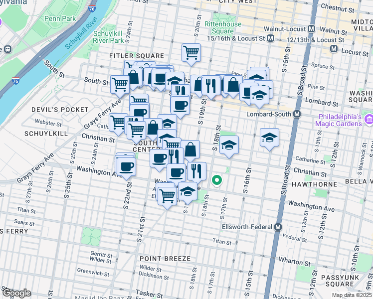 map of restaurants, bars, coffee shops, grocery stores, and more near 1925 Christian Street in Philadelphia