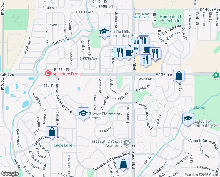 map of restaurants, bars, coffee shops, grocery stores, and more near 13593 Jackson Drive in Thornton