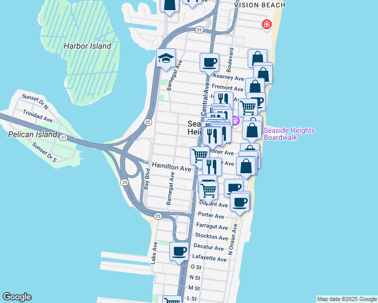 map of restaurants, bars, coffee shops, grocery stores, and more near 211 Blaine Avenue in Seaside Heights