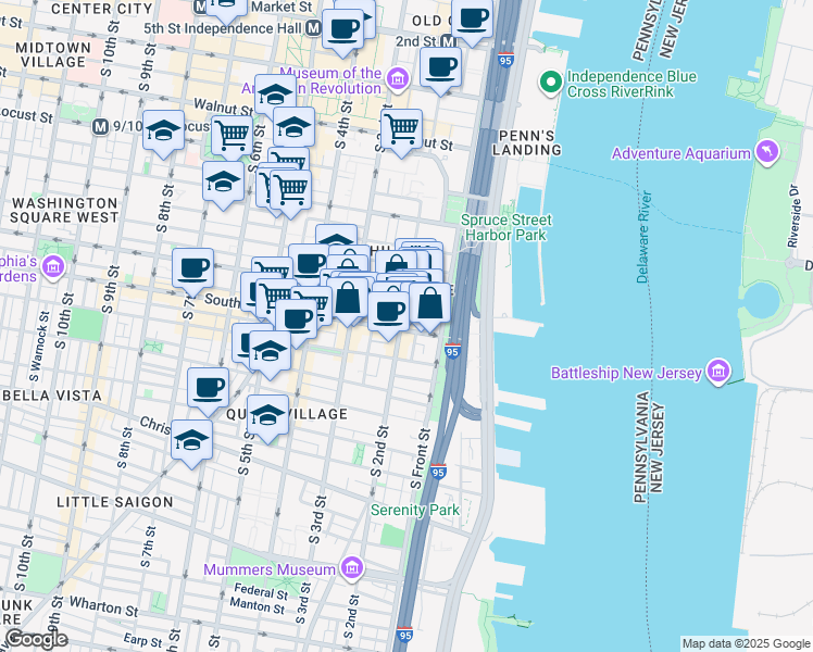 map of restaurants, bars, coffee shops, grocery stores, and more near 125 South Street in Philadelphia