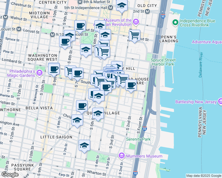 map of restaurants, bars, coffee shops, grocery stores, and more near in Philadelphia