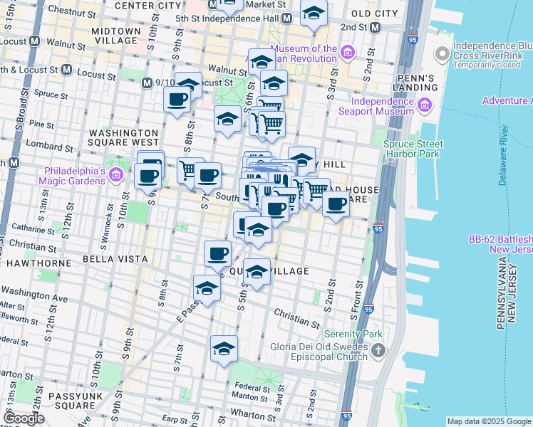 map of restaurants, bars, coffee shops, grocery stores, and more near 432-36 South Street in Philadelphia