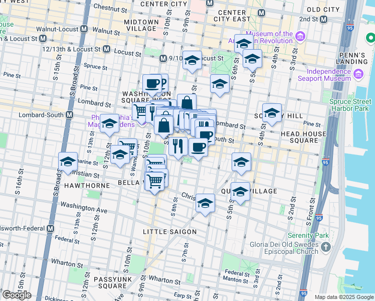 map of restaurants, bars, coffee shops, grocery stores, and more near in Philadelphia