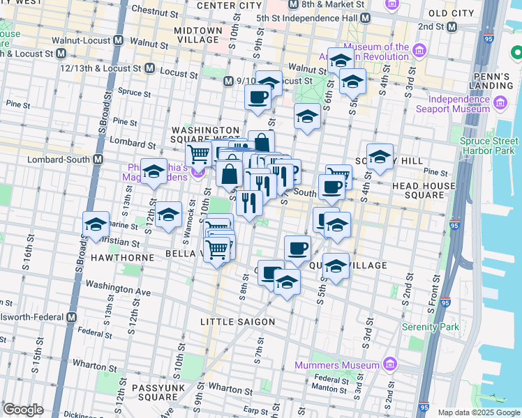 map of restaurants, bars, coffee shops, grocery stores, and more near 824 South Street in Philadelphia