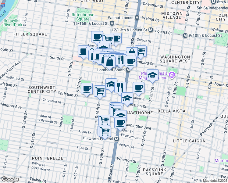 map of restaurants, bars, coffee shops, grocery stores, and more near 1510 Fitzwater Street in Philadelphia