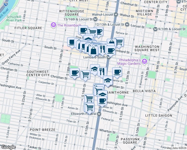 map of restaurants, bars, coffee shops, grocery stores, and more near 1510 Fitzwater Street in Philadelphia