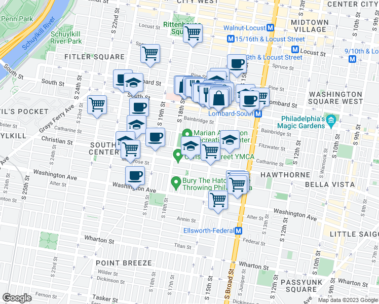 map of restaurants, bars, coffee shops, grocery stores, and more near 740 South 17th Street in Philadelphia