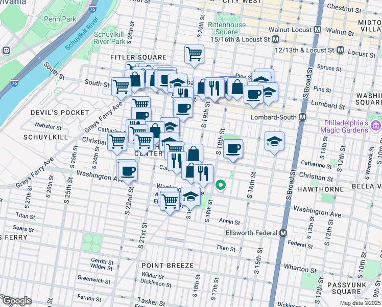 map of restaurants, bars, coffee shops, grocery stores, and more near 777 South 20th Street in Philadelphia