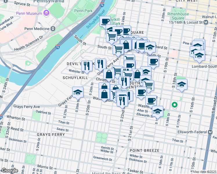 map of restaurants, bars, coffee shops, grocery stores, and more near 2315 Christian Street in Philadelphia