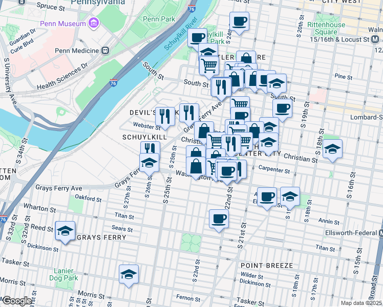 map of restaurants, bars, coffee shops, grocery stores, and more near 2409 Carpenter Street in Philadelphia