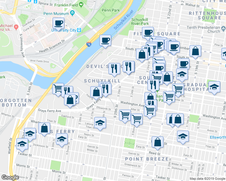 map of restaurants, bars, coffee shops, grocery stores, and more near 2549 Montrose Street in Philadelphia