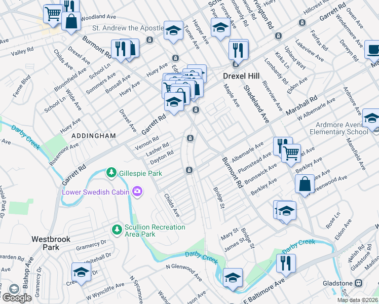 map of restaurants, bars, coffee shops, grocery stores, and more near in Drexel Hill