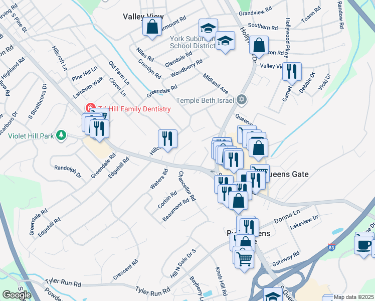 map of restaurants, bars, coffee shops, grocery stores, and more near 556 Hillcrest Road in York