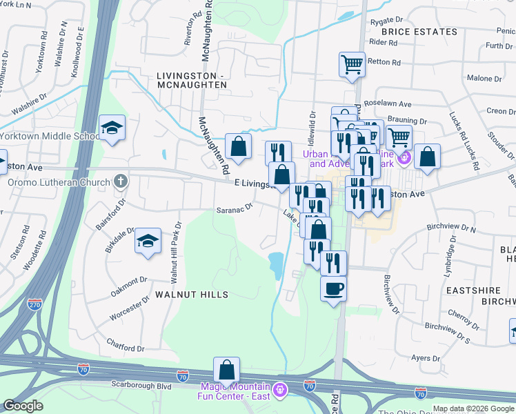 map of restaurants, bars, coffee shops, grocery stores, and more near 5960 Saranac Drive in Columbus
