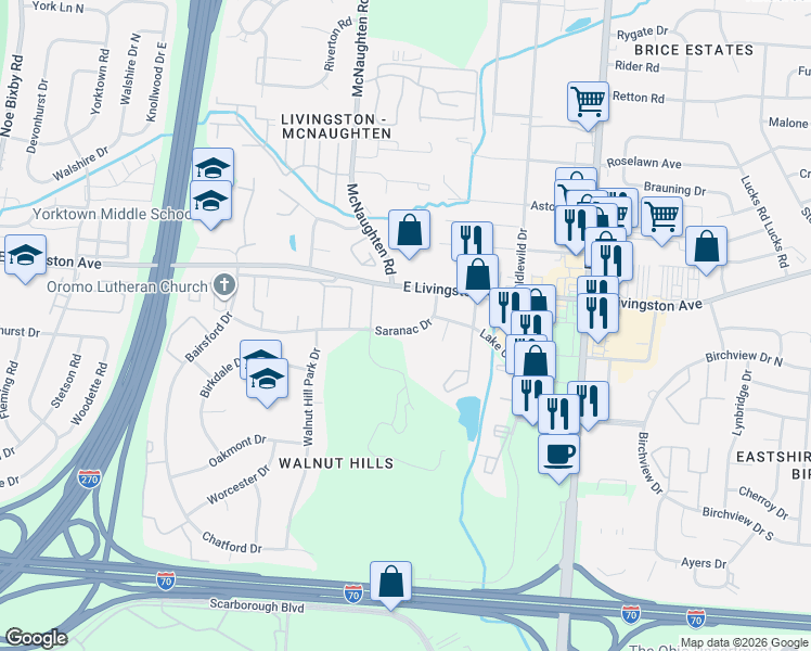map of restaurants, bars, coffee shops, grocery stores, and more near 5961 East Livingston Avenue in Columbus