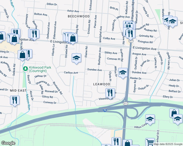 map of restaurants, bars, coffee shops, grocery stores, and more near 1579 Burlington Avenue in Columbus