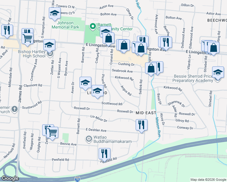 map of restaurants, bars, coffee shops, grocery stores, and more near 1488 Cunard Road in Columbus