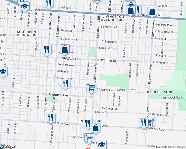 map of restaurants, bars, coffee shops, grocery stores, and more near 1164 Lockbourne Road in Columbus