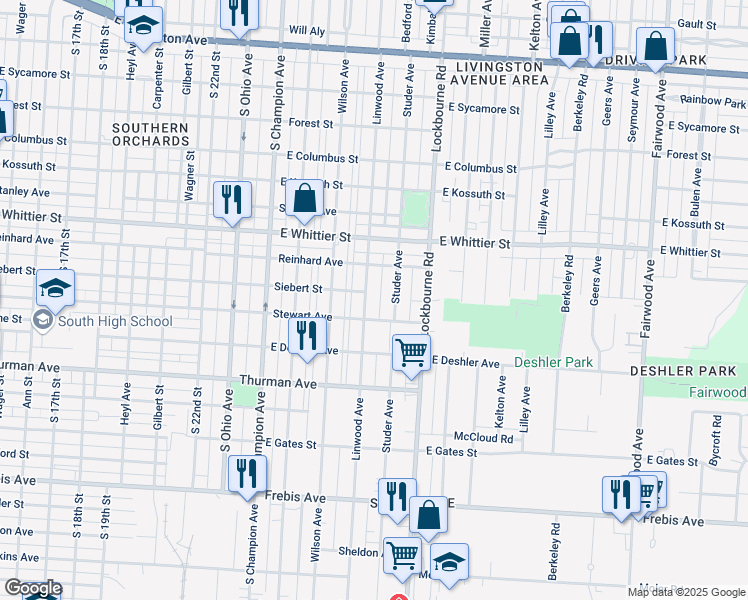 map of restaurants, bars, coffee shops, grocery stores, and more near 1153 Linwood Avenue in Columbus