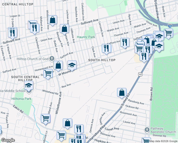 map of restaurants, bars, coffee shops, grocery stores, and more near 1933 West Mound Street in Columbus