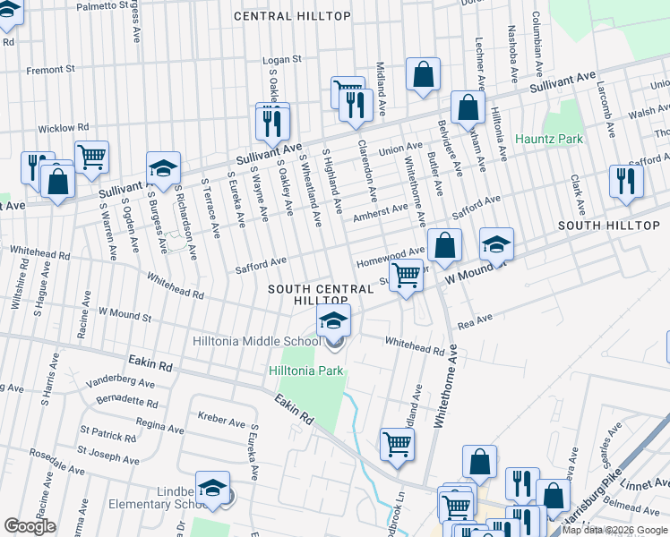 map of restaurants, bars, coffee shops, grocery stores, and more near 653 South Highland Avenue in Columbus