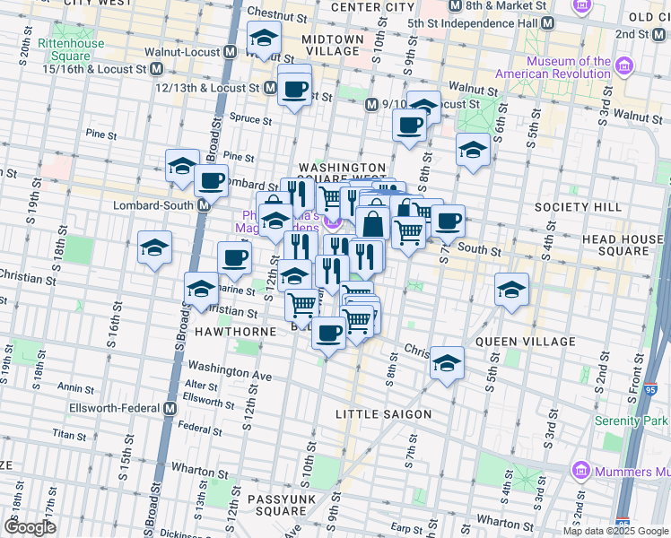 map of restaurants, bars, coffee shops, grocery stores, and more near 722 South 10th Street in Philadelphia