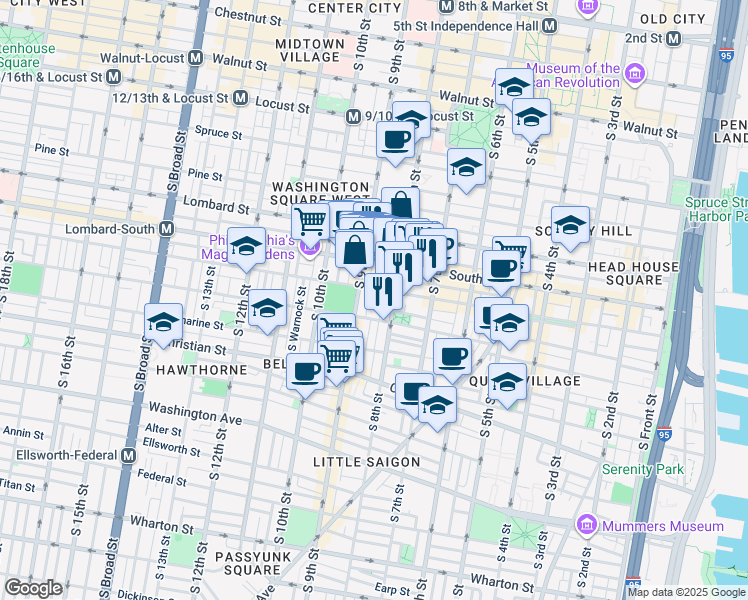 map of restaurants, bars, coffee shops, grocery stores, and more near 704 South Darien Street in Philadelphia