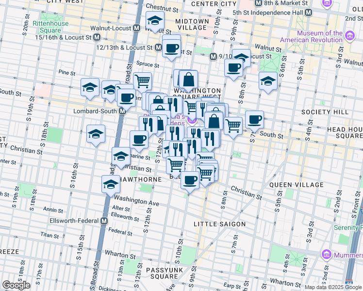 map of restaurants, bars, coffee shops, grocery stores, and more near 733 South 11th Street in Philadelphia