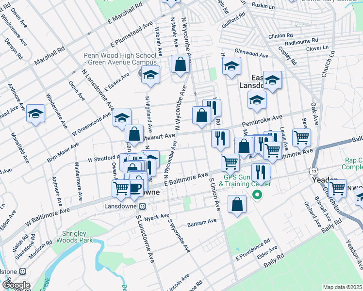 map of restaurants, bars, coffee shops, grocery stores, and more near 85 East Stratford Avenue in Lansdowne