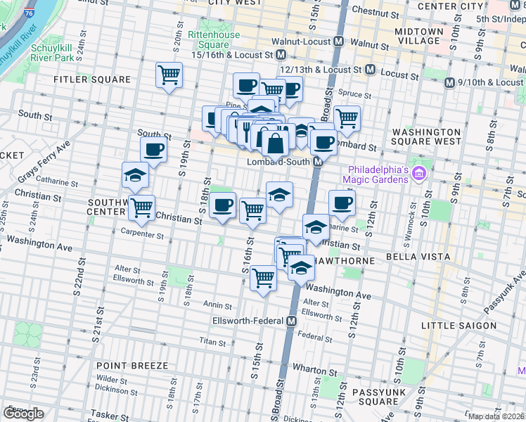 map of restaurants, bars, coffee shops, grocery stores, and more near 742 South 16th Street in Philadelphia