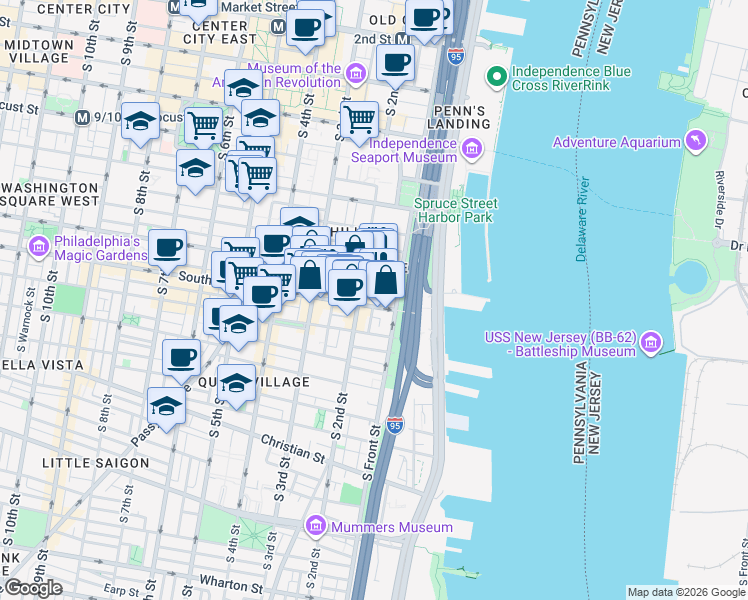 map of restaurants, bars, coffee shops, grocery stores, and more near 125 South Street in Philadelphia