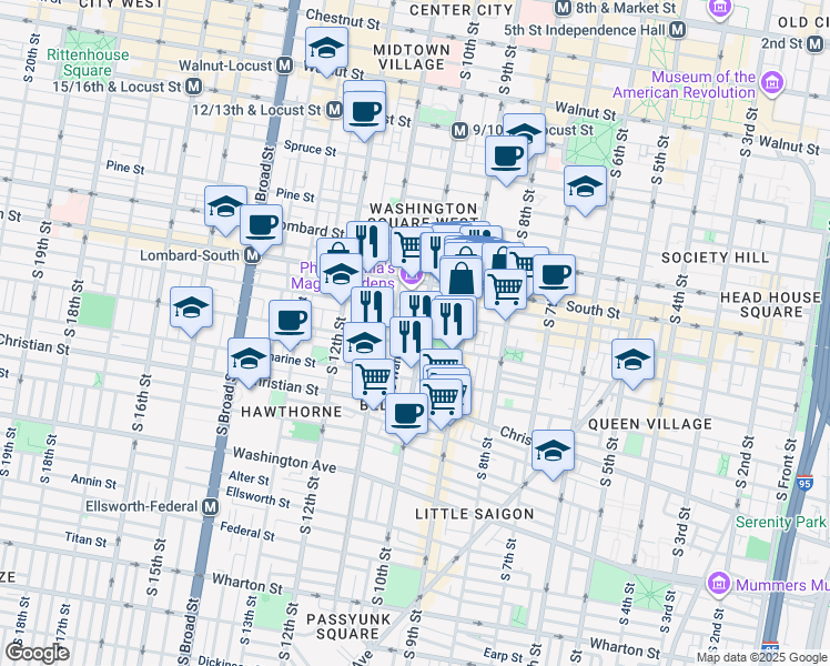 map of restaurants, bars, coffee shops, grocery stores, and more near 722 South 10th Street in Philadelphia