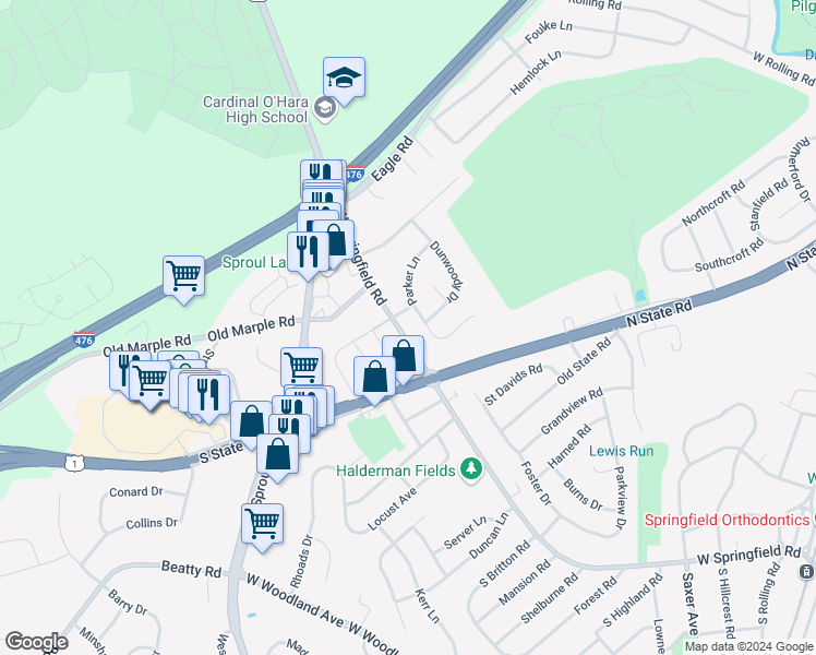 map of restaurants, bars, coffee shops, grocery stores, and more near 747 West Springfield Road in Springfield