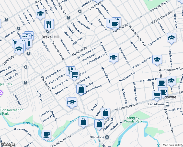 map of restaurants, bars, coffee shops, grocery stores, and more near 209 Berkley Avenue in Lansdowne