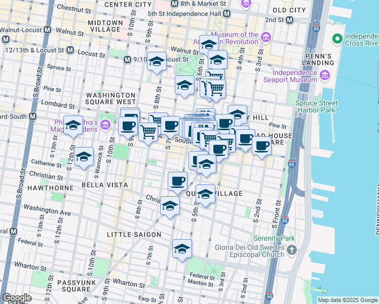 map of restaurants, bars, coffee shops, grocery stores, and more near 517 South Randolph Street in Philadelphia