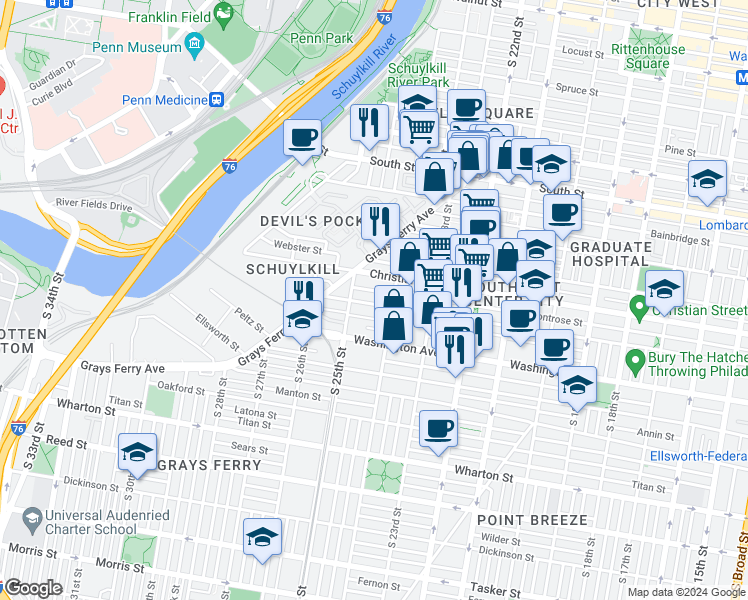 map of restaurants, bars, coffee shops, grocery stores, and more near 2425 Carpenter Street in Philadelphia